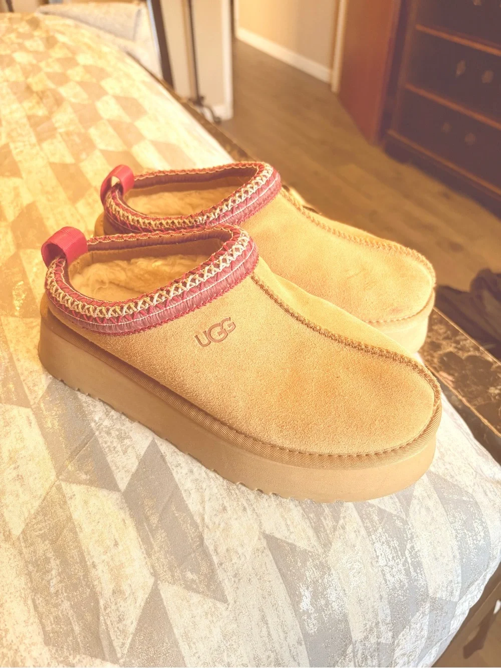 UGG Kids Chestnut Suede Slip-On Clogs with Pink Trim